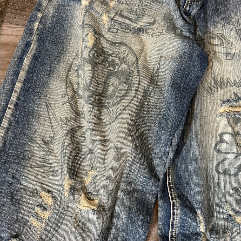 Jaded London Graffiti‎ Distressed Wide Leg Jeans Size 30 | Y2K Skater Streetwear